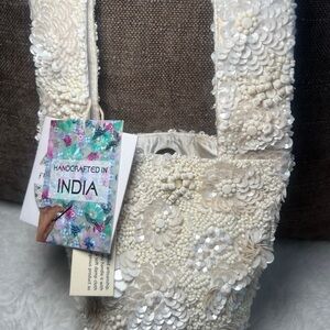 White Beaded Sequin Bucket Bag - Handcrafted in India